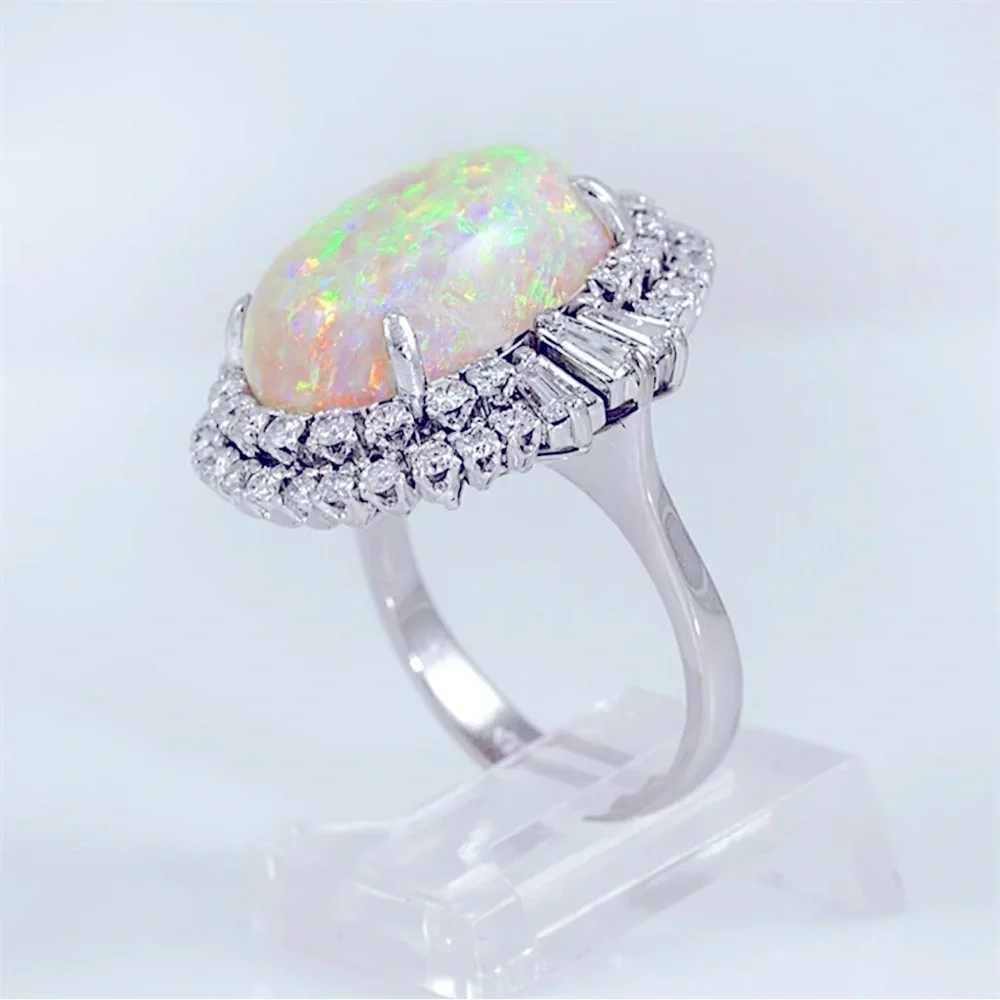 Fire Opal, Lab Created, Cubic Zirconia, Halo, Oval Cut Baguette Ring, Sz 7